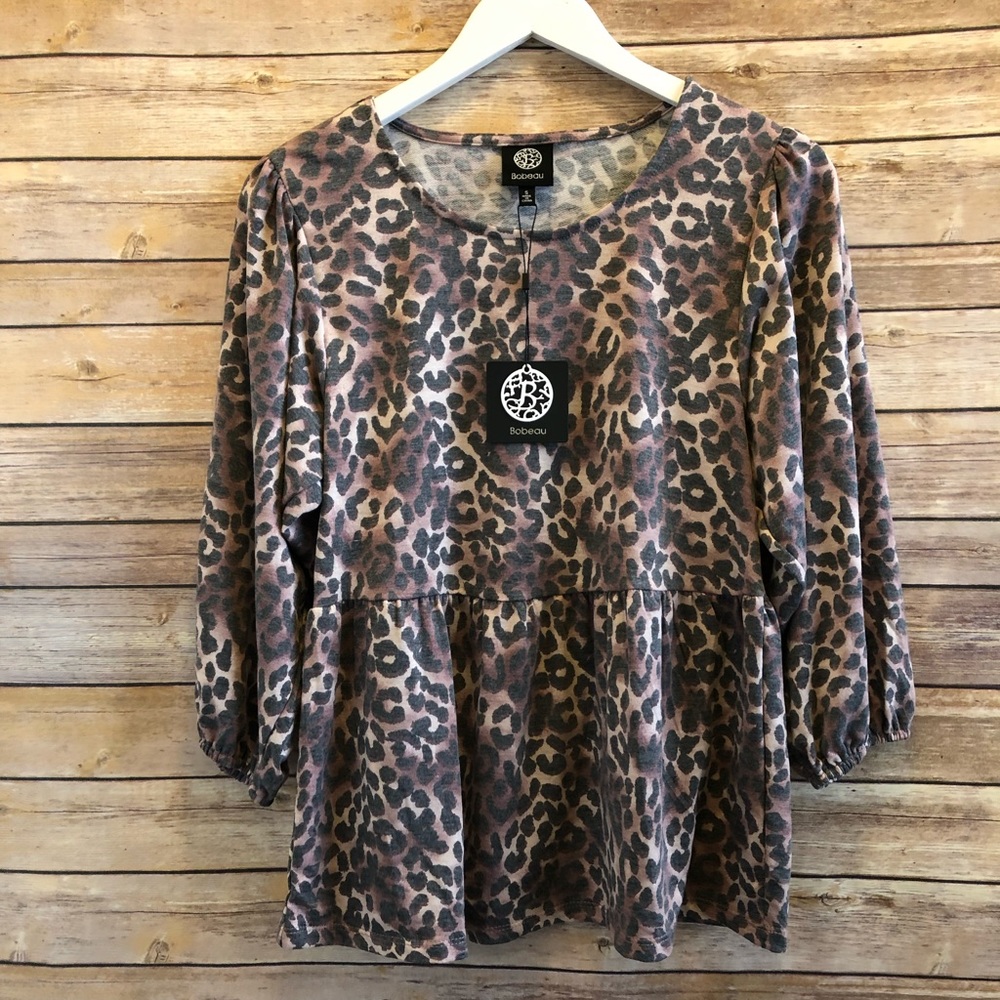 Bobeau Leopard Print 3/4 Sleeve Babydoll Peplum Blouse Size Small NWT